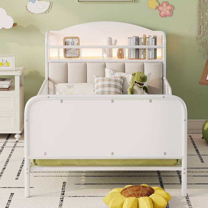 Kids Platform Bed Metal Frame with Linen Fabric Upholstered Storage Headboard Built-in Light Strip, Both Sides Rails