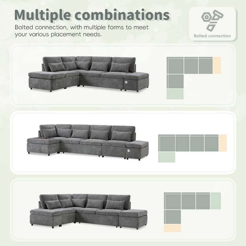 107'' Modular Chenille L-shape Sectional Sofa with Pull-out Sofa and Storage Ottoman