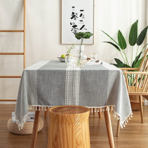 Enova Home Light Grey High Quality Rectangle Cotton and Linen Tablecloth with Tassels