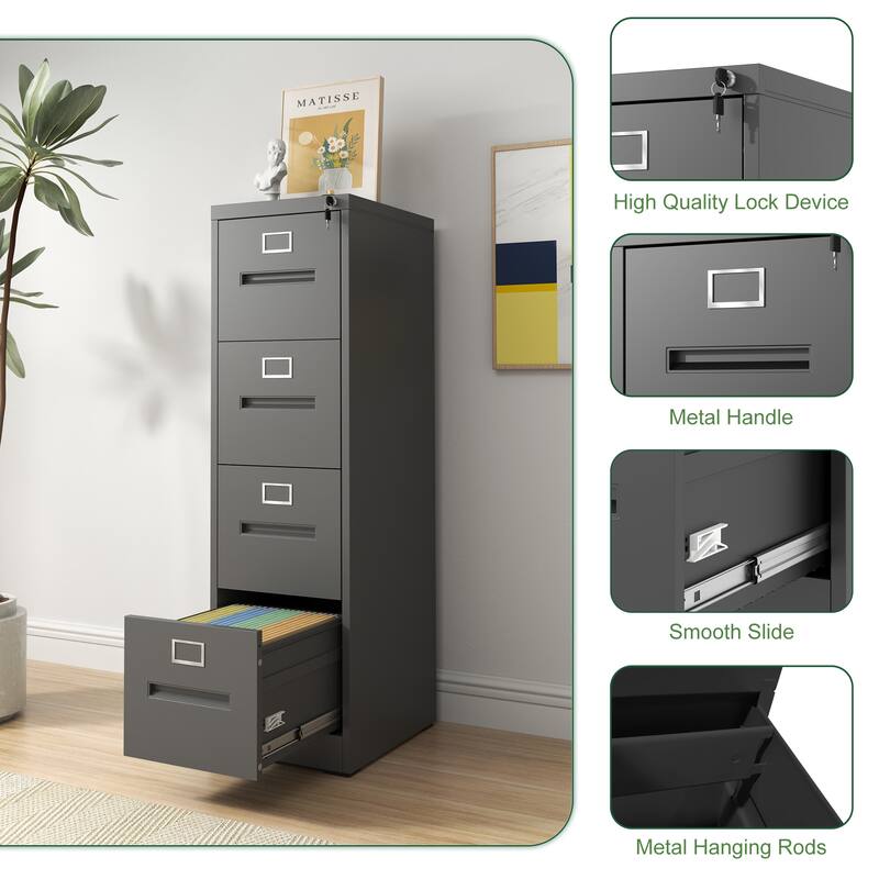 Modern Narrow Vertical File Cabinet, 4 Drawers Filing Cabinet with Lock, for Office and Home Use, Black