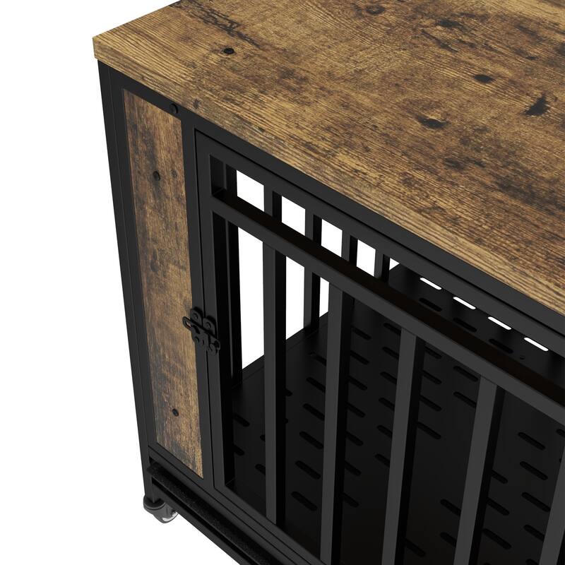 31.1" Wooden Dog House Dining Table with Iron Door and Removable Tray