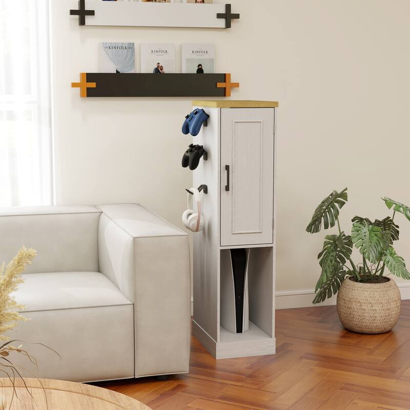 Anmytek Slim Antique White Game Console Storage Cabinet with 2 Drawers & 3 Hooks, AV Media Stand for PS5 Xbox