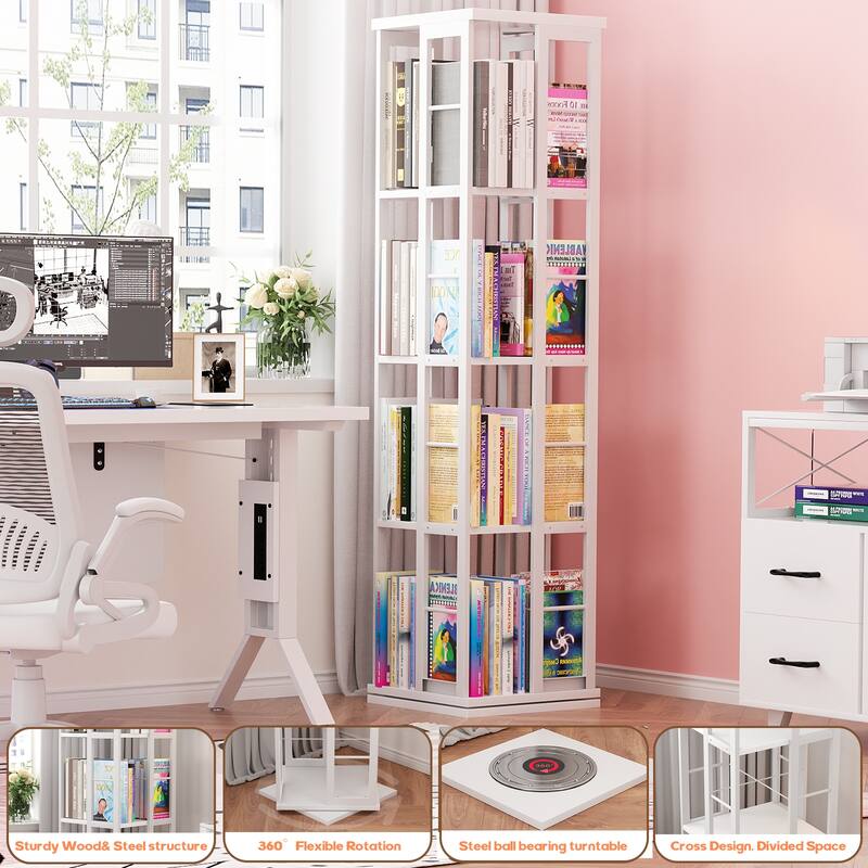 Corner Rotating Bookshelf, 360 Display Wood Spinning Bookshelf, Floor Standing Bookcase Organizer Storage Rack
