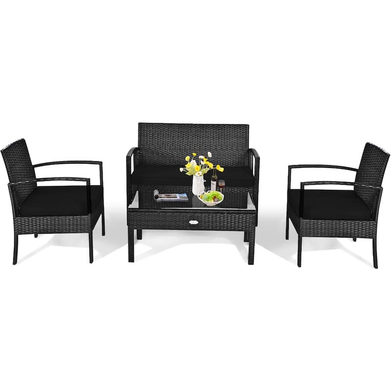 4-Piece PE Rattan Patio Furniture Set with Loveseat and 2 Chairs and Glass Table for Outdoor Use