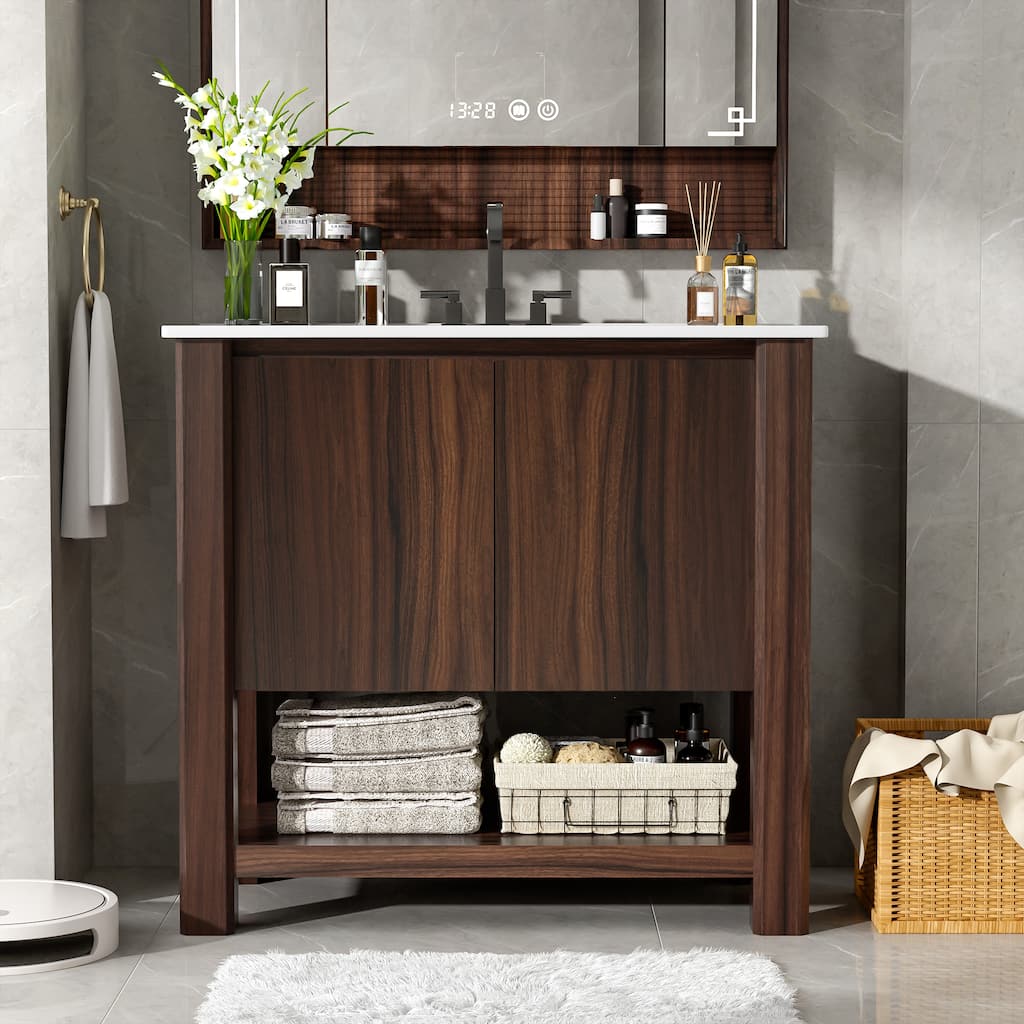 Bathroom Vanity with Ceramic Sink, Bathroom Cabinet with Soft-Closing Doors, Freestanding Cabinet with Open Shelf