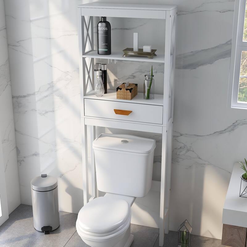 Over-The-Toilet Storage Cabinet White With One Drawer And 2 Shelves Space Saver Bathroom Rack