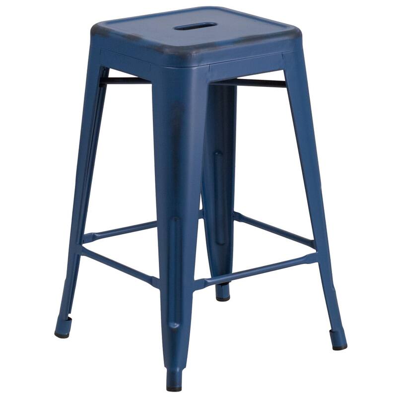 24" High Backless Distressed Metal Indoor-Outdoor Counter Height Stool