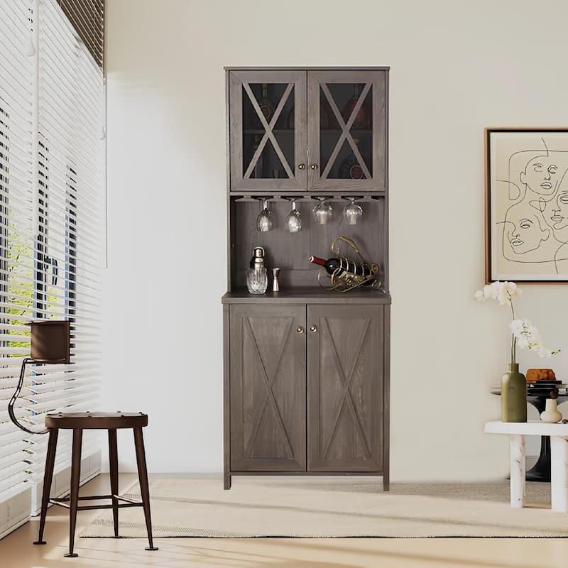 Roomfitters Farmhouse Wine Cabinet, Kitchen Hutch Buffet, Liquor Cabinet for Liquor and Glasses Rack, Charcoal Grey - N/A