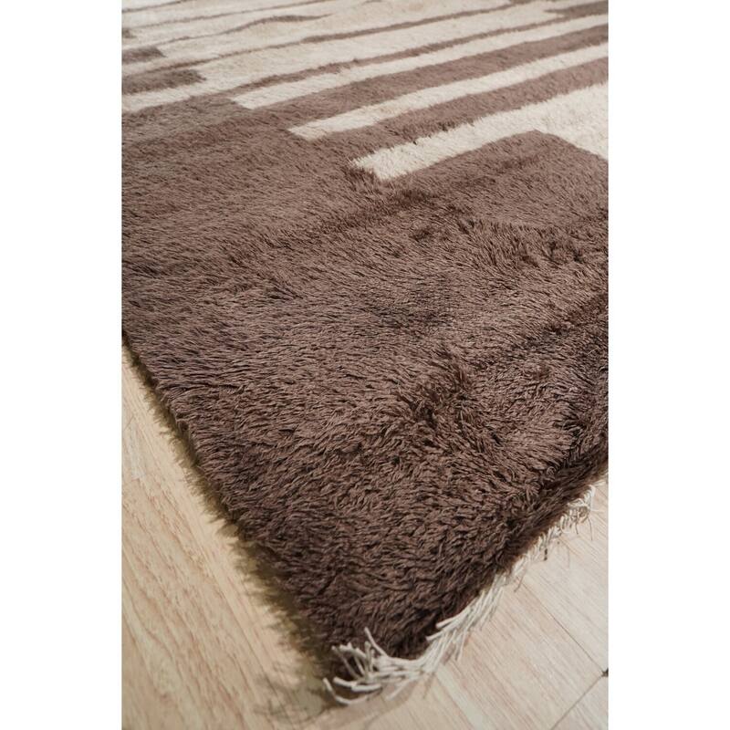 Brown Hand-Knotted Wool Art Deco Rug, 8' x 10', plush cozy floor accent - L