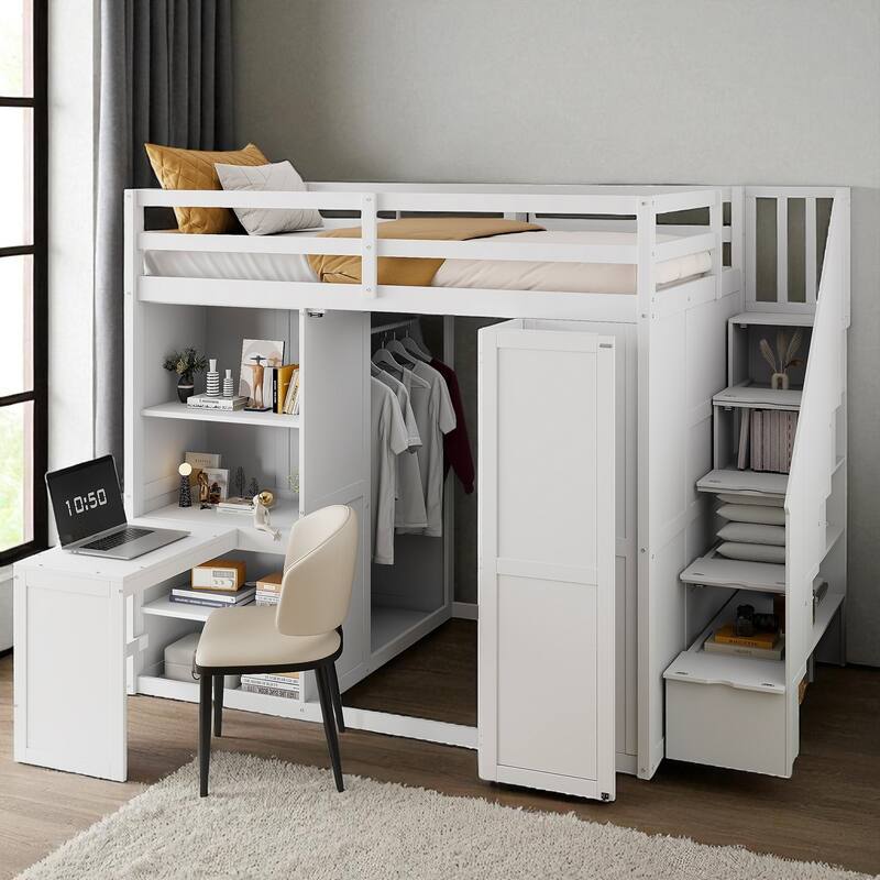 Full Size Loft Bed with Wardrobe, Desk, Shelves, and Foldable Doors for Extra Storage