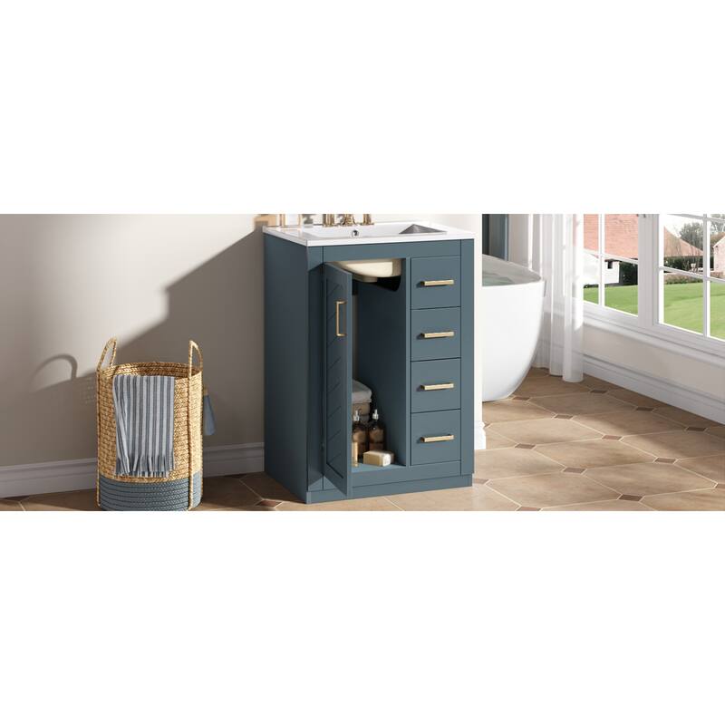 Roomfitters 24 Inch Bathroom Vanity with Integrated Ceramic Sink, Storage Cabinet with 3 Sliding Tiers & Soft Close Door