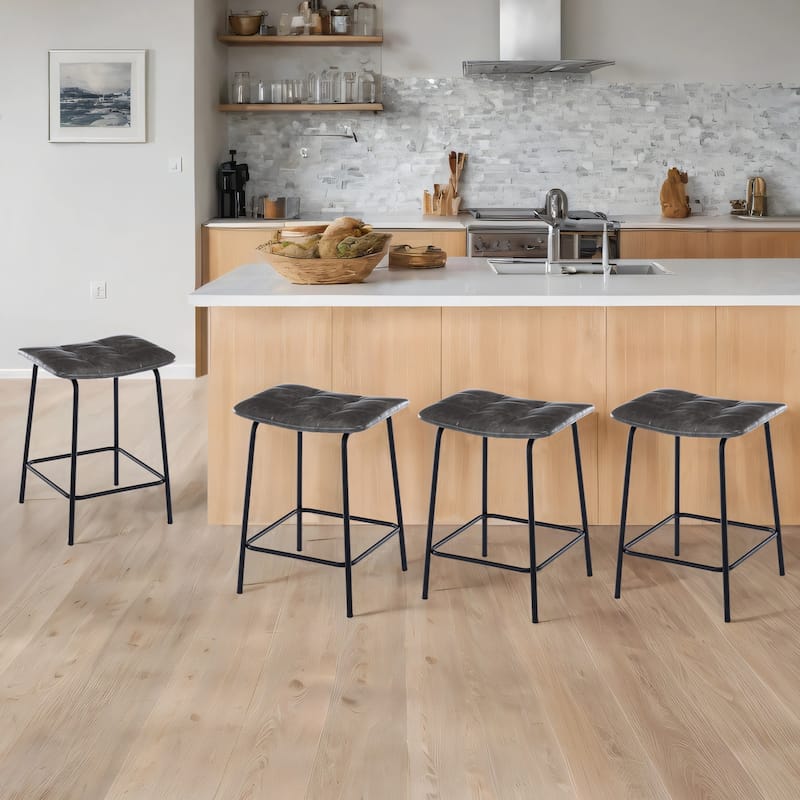 Saddle Tufted 24” Height Breathable Faux Leather Counter Stools - Set of 4 - Grey