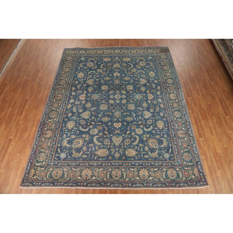 Distressed Blue Floral Tabriz Persian Area Rug Handmade Wool Carpet - 9'1"x 12'4"