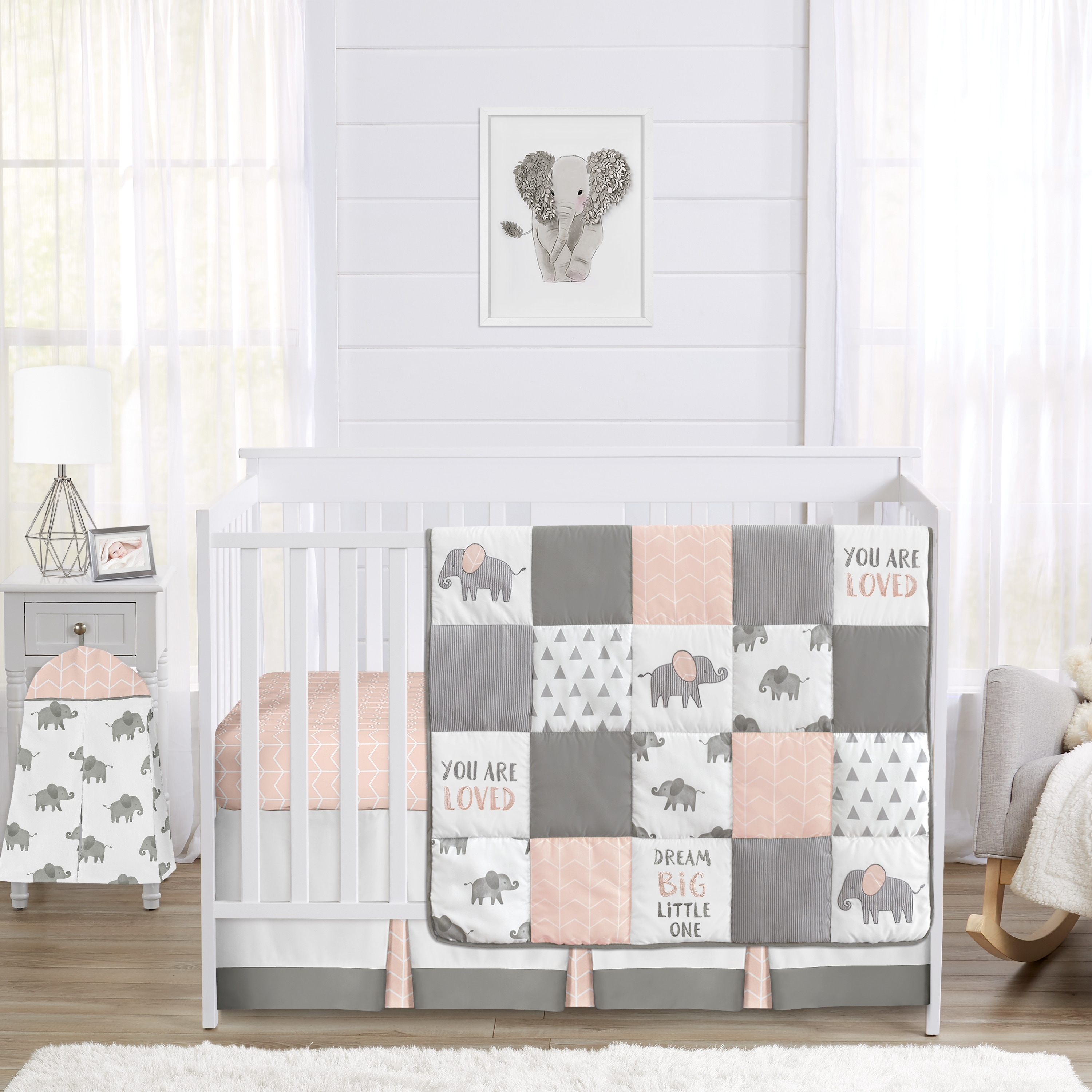 Sweet Jojo Designs Blush Pink, Grey and White Watercolor Elephant Safari Collection Girl 4-piece Crib Bedding Set