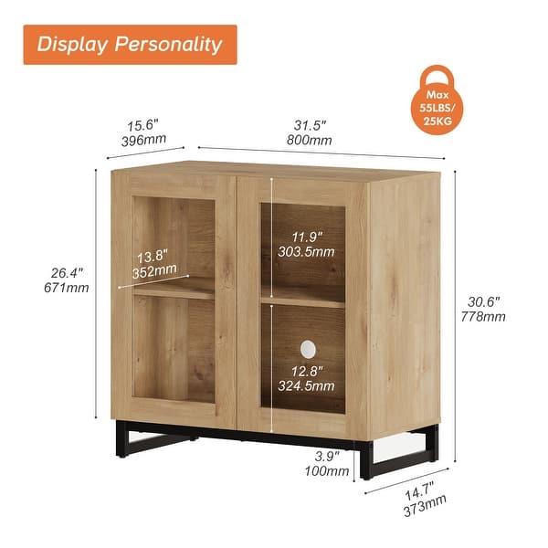 dimension image slide 7 of 10, WAMPAT Multifunctional Sideboard Buffet Cabinets with Glass Doors, Modern Sideboard with Adjustable Shelf, Coffee Bar Cabinet