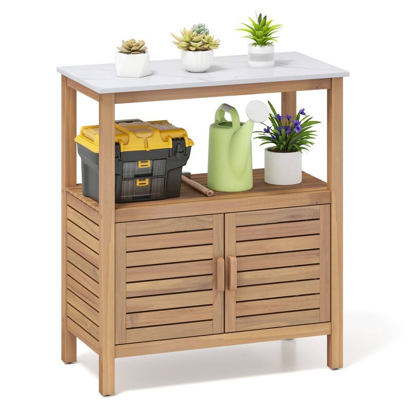 Gymax Outdoor Potting Bench w/ Resin Tabletop Storage Shelf & Cabinet - Brown