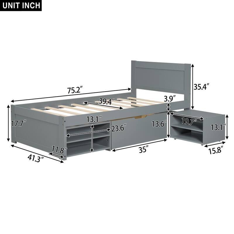 Twin Size Modern Platform Bed with Drawer and Two Storage Shelves