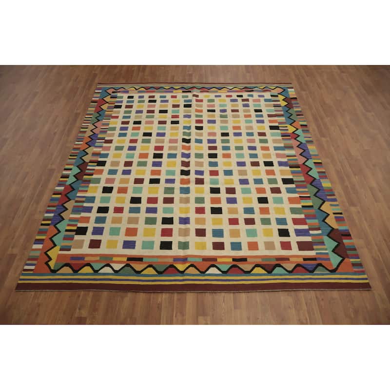 Hand Woven Oriental 100% Wool Carpet Southwestern Modern Beige & Ivories Kilim Area Rug - 10' 0'' X 8' 5''