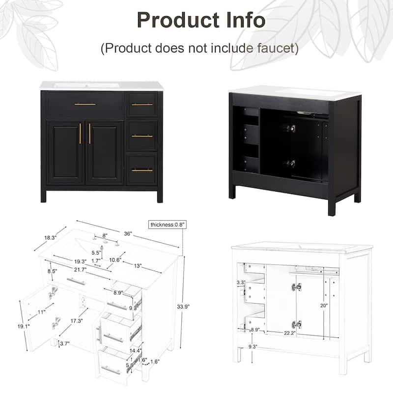 36" Bathroom Vanity with Sink Top,Solid Wood,MDF Boards