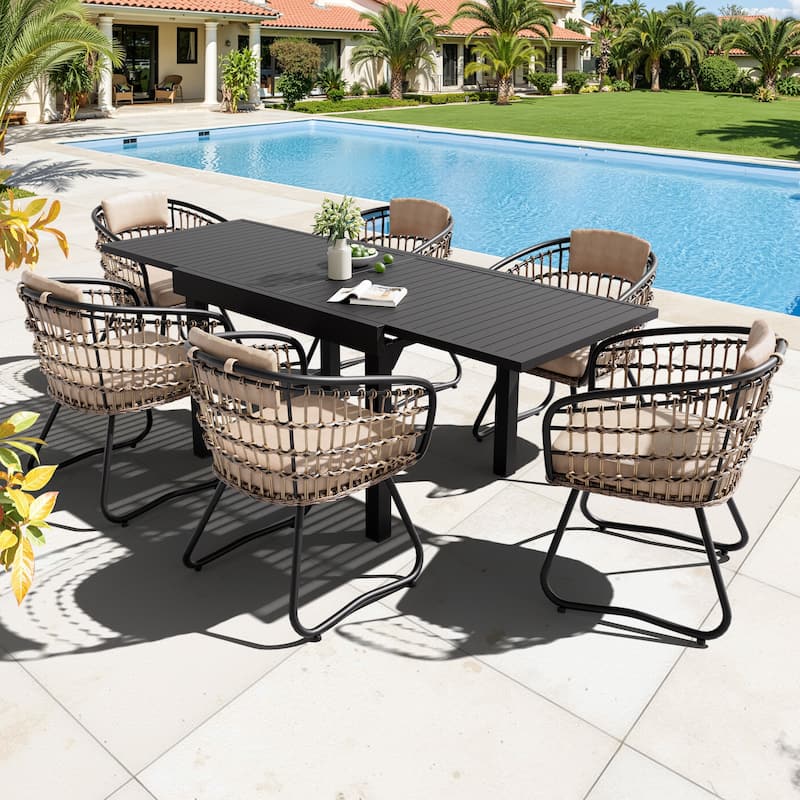 5/7/11PC Outdoor Patio Extendable Table Dining Sets with Rattan Chairs - 7PC-Beige