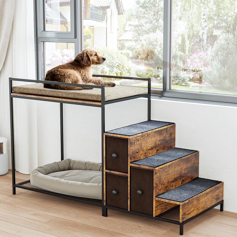 BOSSIN Multi-Level Pet Bunk Bed with Stairs & Storage - Foam-Upholstered Platform Dog/Cat Bed, Window Perch or Bedside Lounge - Brown
