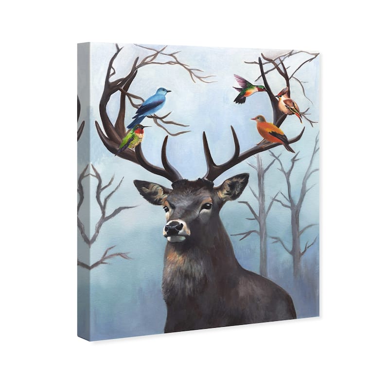 Wynwood Studio Canvas Animals Cute deer with birds II Blue and Rustic Wall Art Canvas Print - Blue, Gray