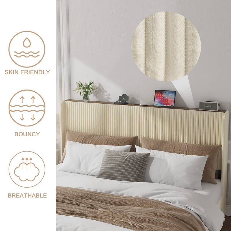 Roomfitters Metal Platform Bed Frame with Charging Station, Heavy Duty Mattress Foundation, No Box Spring Needed, Beige