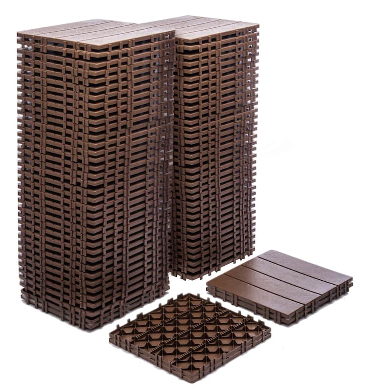 76-Pack 11.42"x11.42"Interlocking Deck Tiles -68.80 Sq.Ft 3D Wood Grain Plastic Flooring,Waterproof & Moisture-Proof Tiles - Brown