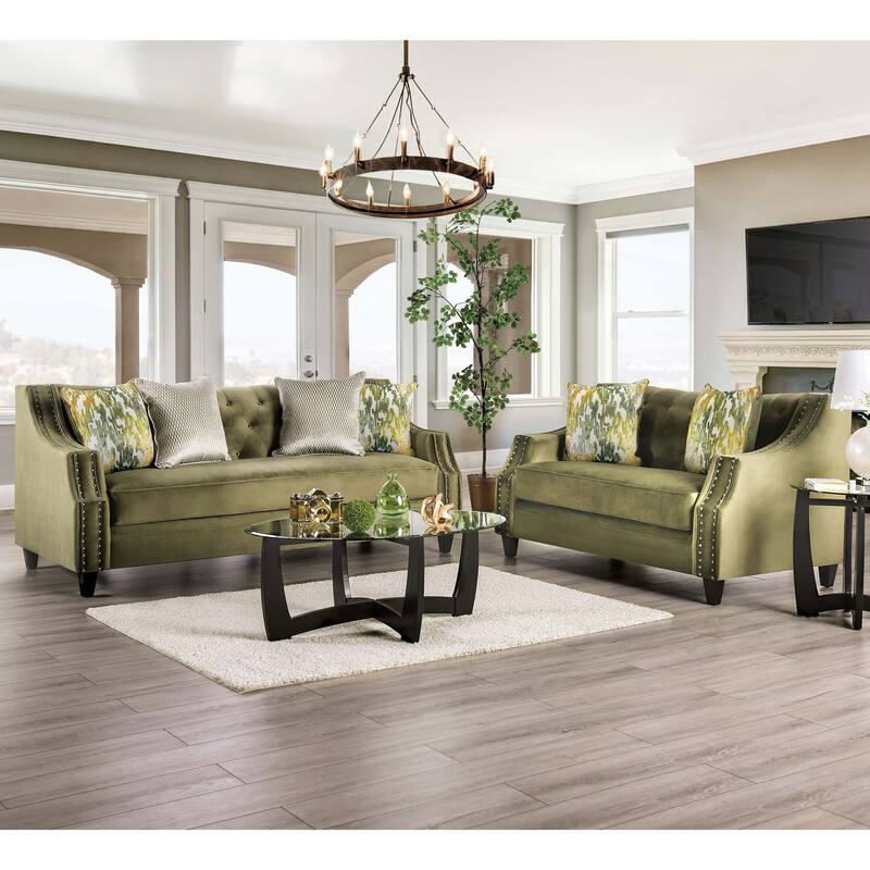 Olie Transitional Green Microfiber Sloped Arms 2-Piece Living Room Set by Furniture of America - Green