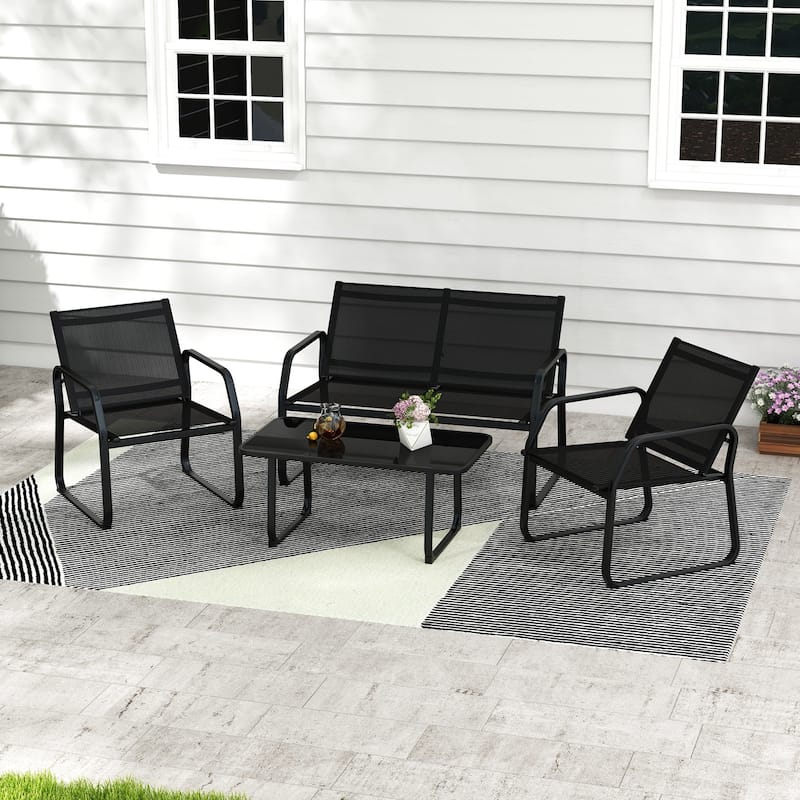 Black 4-Piece Outdoor Seating Set with Tempered Glass Table Sturdy Loveseat and 2 Fabric Chairs - 46" x 28" x 30"