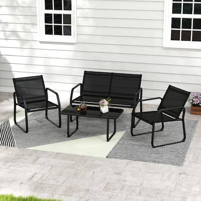 Black 4-Piece Outdoor Seating Set with Tempered Glass Table Sturdy Loveseat and 2 Fabric Chairs - 46" x 28" x 30"