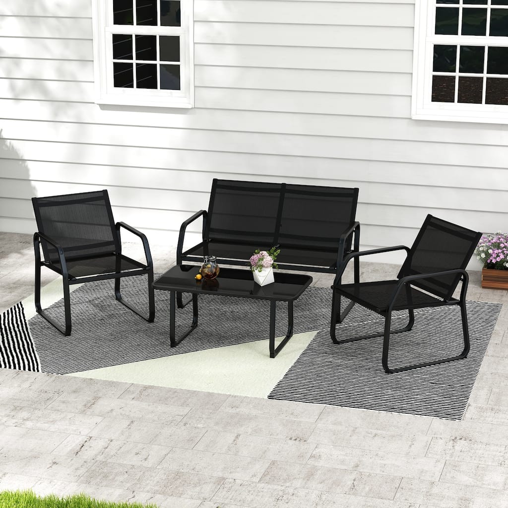 Black 4-Piece Outdoor Seating Set with Tempered Glass Table Sturdy Loveseat and 2 Fabric Chairs - 46" x 28" x 30"