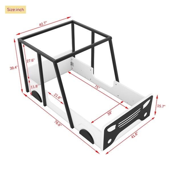 Twin Pine Wood Car-Shaped Bed Floor Bed Frame w/Roof Wheels,Door,Black