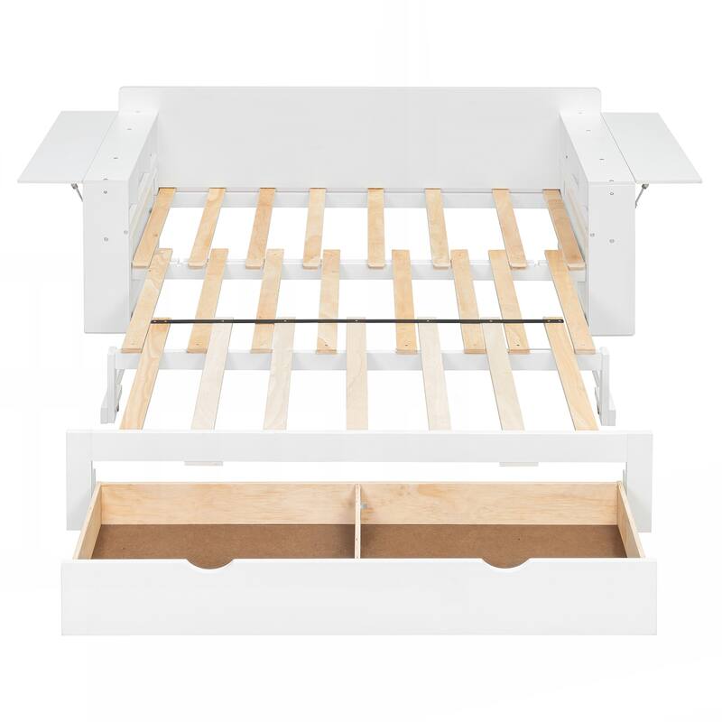 Full Size Daybed with Removable Desk, Storage Drawers & Hydraulic Side Table