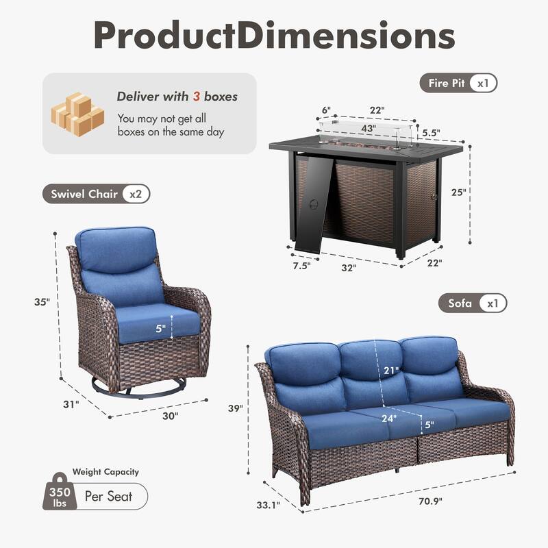 Meyreso 4-Piece Outdoor Patio Metal Fire Pit Wicker Conversation Set with 5-Inch Thick Olefin Cushions