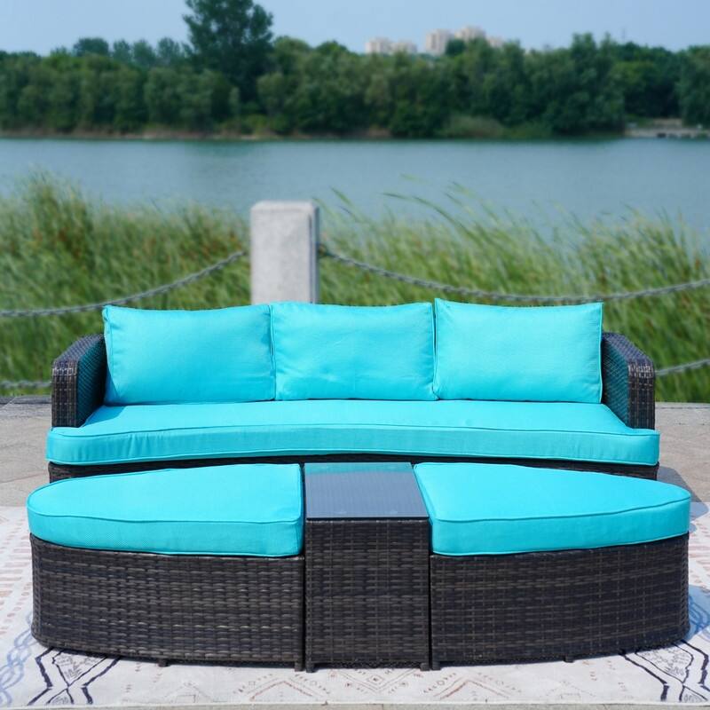 5-piece Patio Wicker Daybed Sectional Sofa Set with Side Table