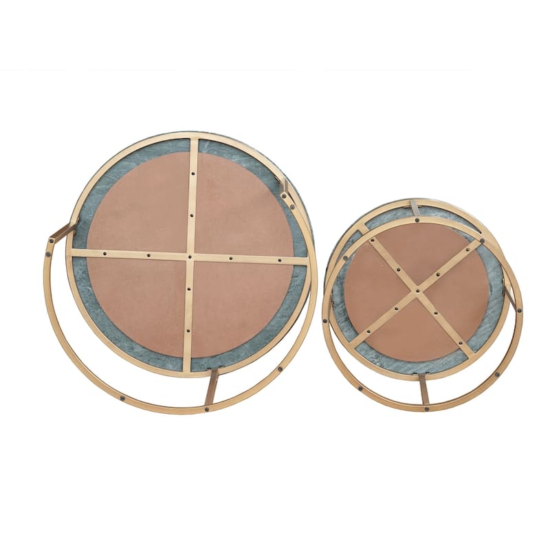 HomeRoots Set Of Two Green and Gold Genuine Marble and Iron Round Frame Nested Coffee Tables