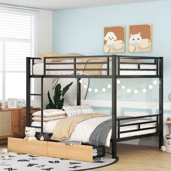 Black Full Metal Bunk Bed with Storage Drawers, Guardrails, Ladder ...