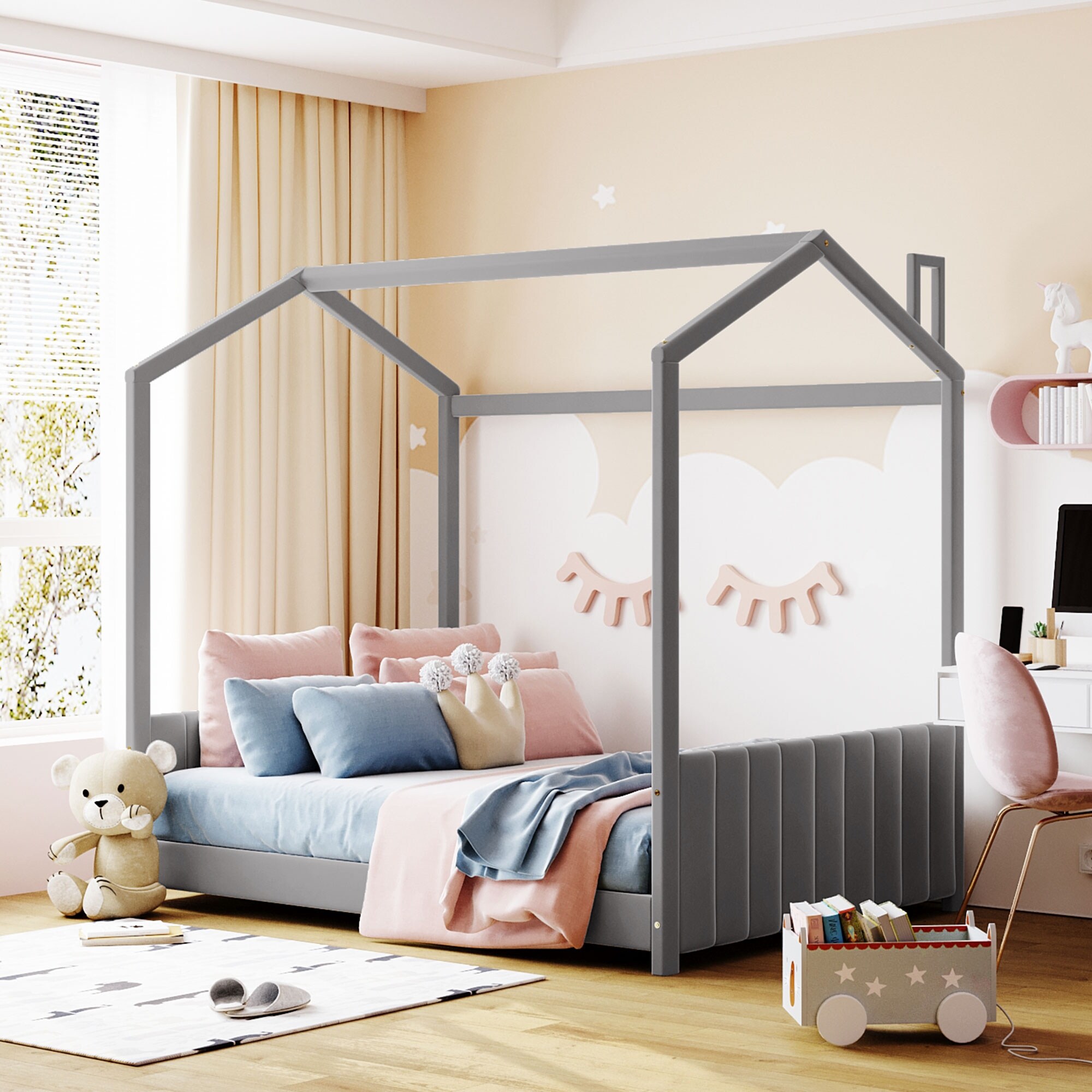Full Velvet House Bed with Roof for Kids Girls Boys Wood Floor Platform Bed with Headboard and Footboard No Box Spring Needed