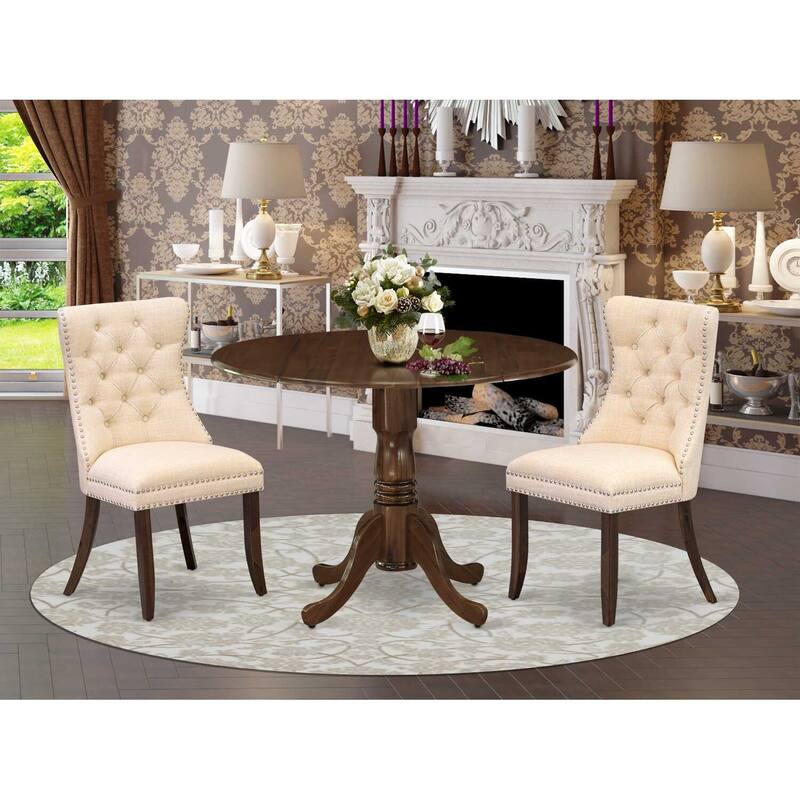 3-Piece Antique Walnut Finish Solid Wood Top-Round Upholstered Dining Room Set -Seats 4