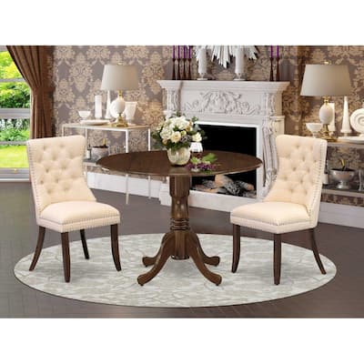 3-Piece Antique Walnut Finish Solid Wood Top-Round Upholstered Dining Room Set -Seats 4