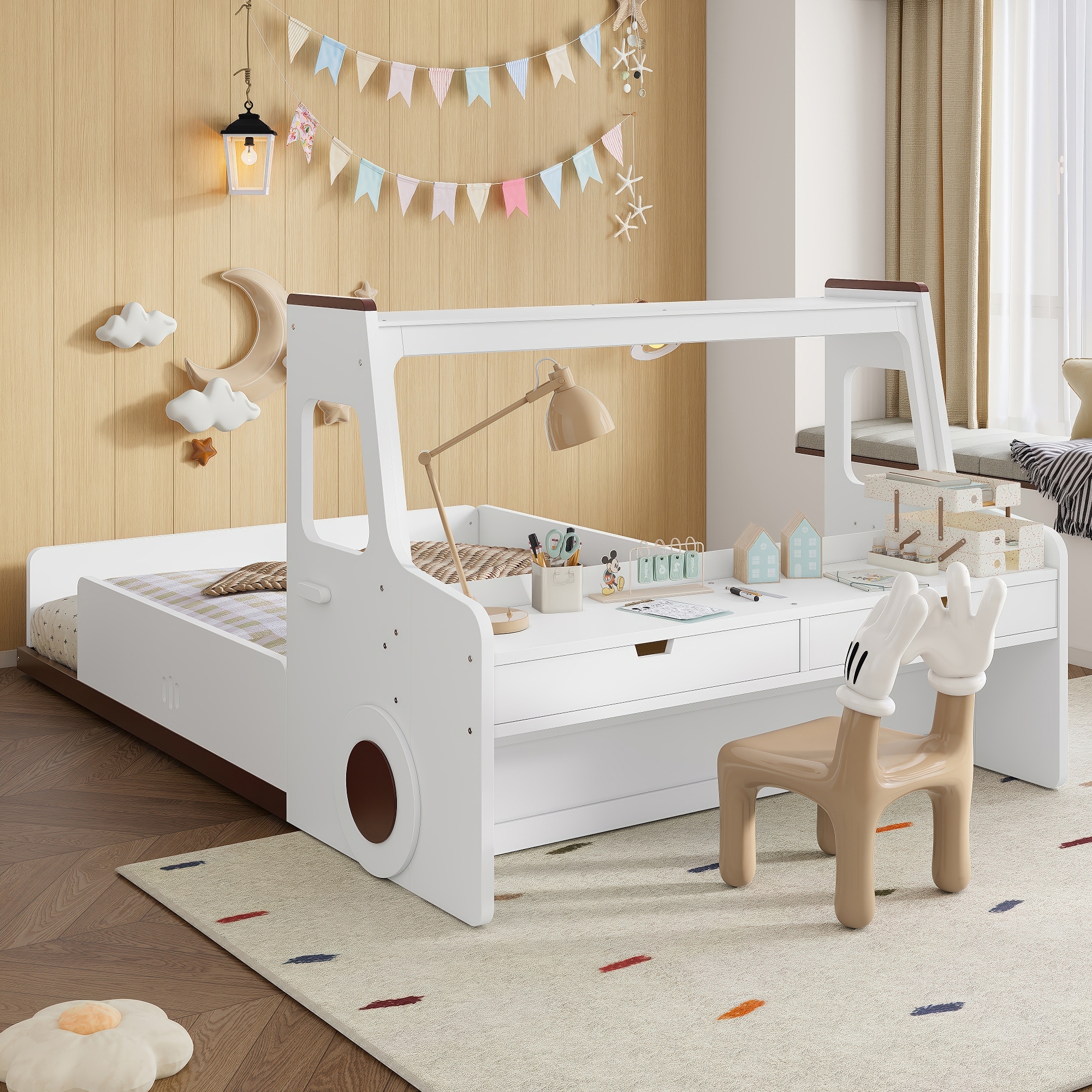 Roomfitters Full Size Car Shaped Floor Bed with Storage Drawers and Built-in Desk, Wood Frame