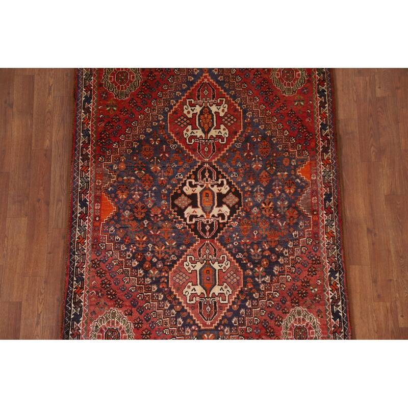 Hand Knotted Oriental 100% Wool Carpet Traditional Tribal Navy Blue & Blues Shiraz Area Rug - 5' 4'' X 3' 8''