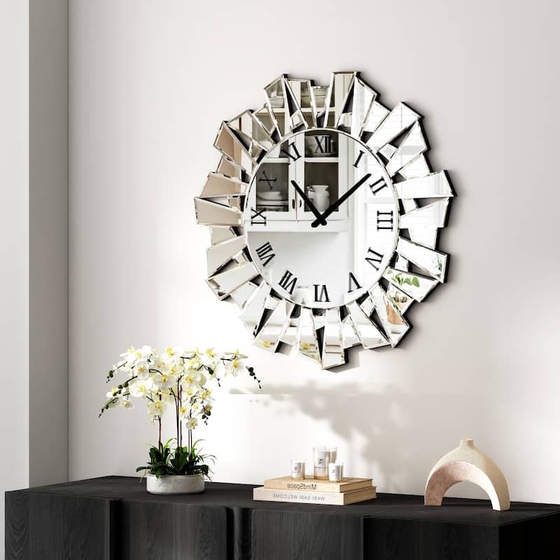 Modern Sunburst Wall Clock Mirrored Large Clock - Silver
