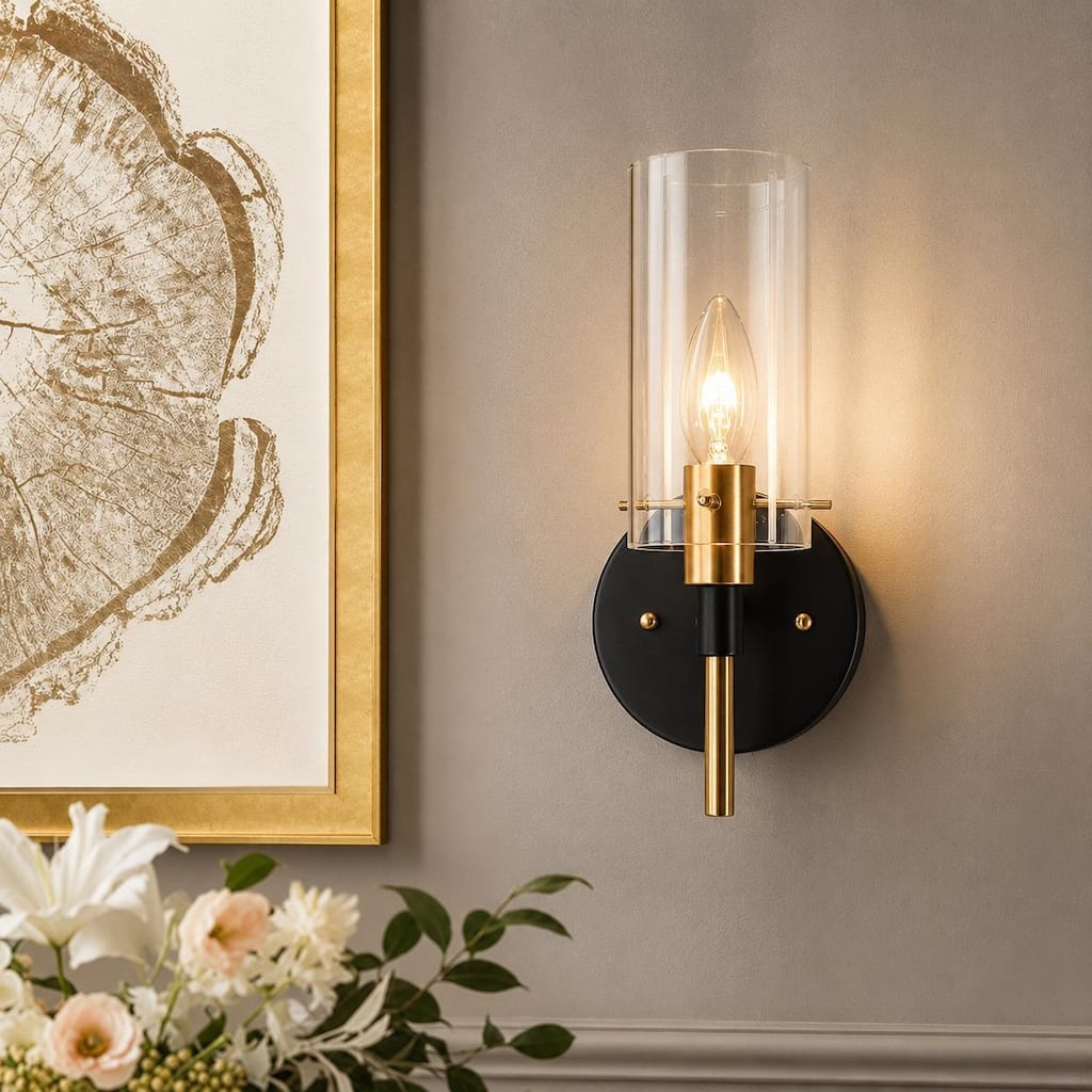 Modern Black Gold 1-Light Clear Glass Wall Sconces Vanity - 4.7" L x 5" W x 11" H