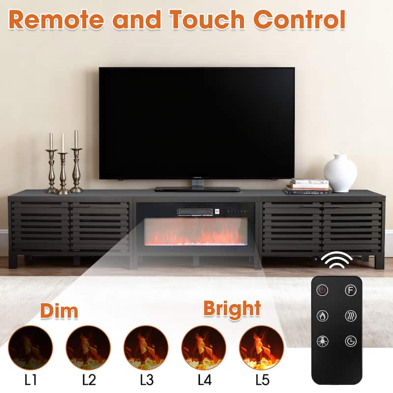 115" Mid-Century Modern Black Electric Fireplace TV Stands for TVs up to 120" with Remote