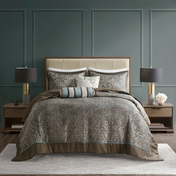 Madison Park Whitman Reversible Oversized 5 piece Jacquard Bedspread Quilt Set with Shams and Embroidered Throw Pillows On Sale Bed Bath Beyond 15092698