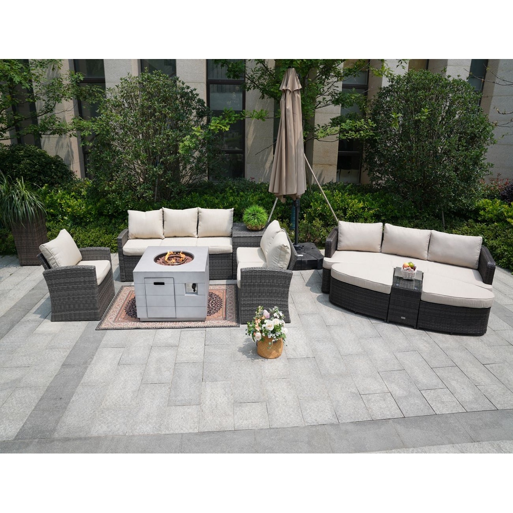 Outdoor Daybed Sofa Set with Fire Pit Table Rattan Garden