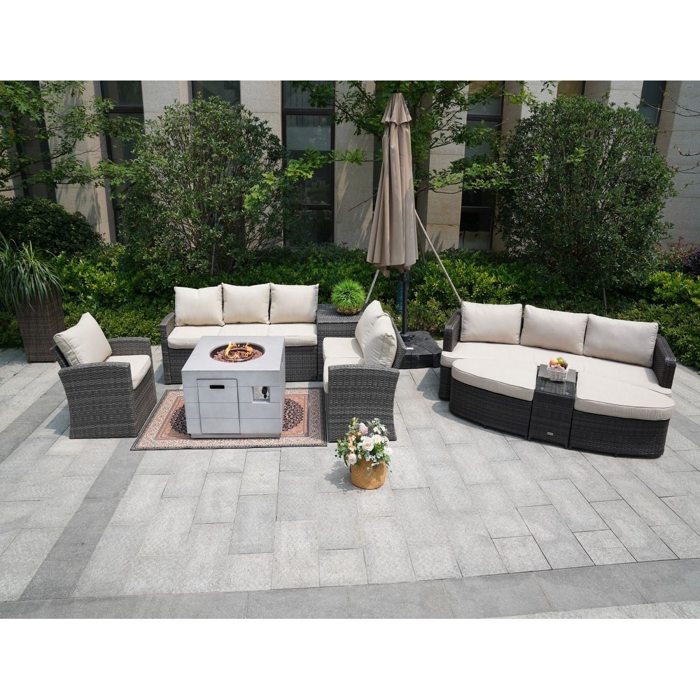 Grey rattan garden top furniture with fire pit