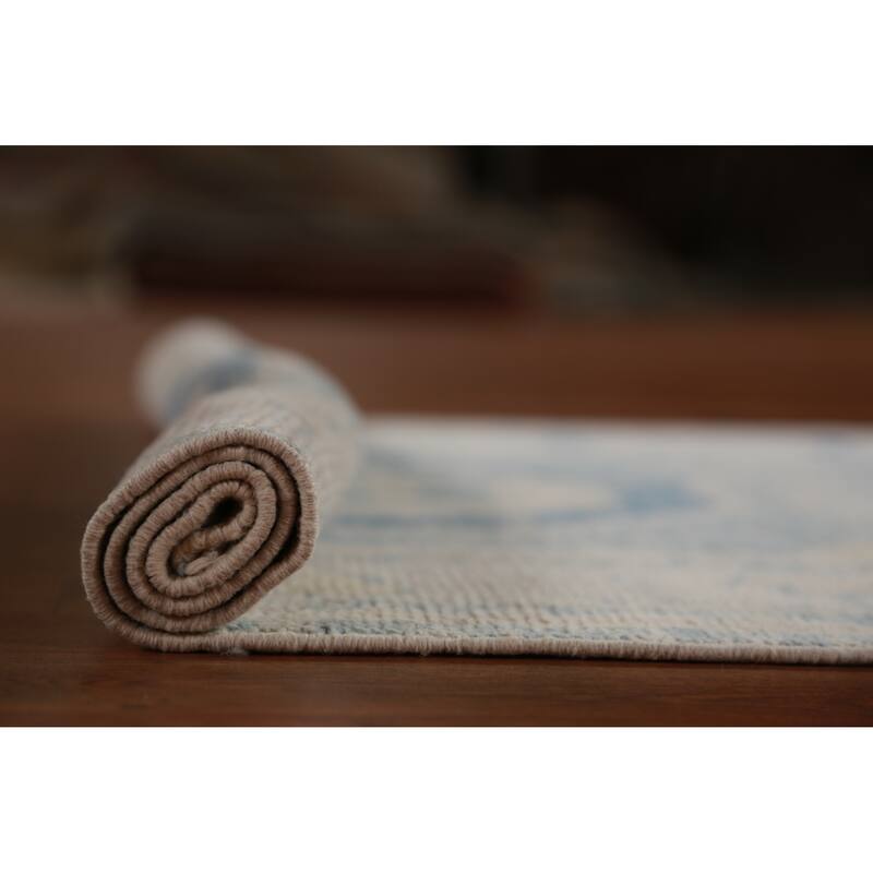 Hand Knotted Oriental 100% Wool Carpet Transitional Geometric Navy Blue & Blues Oushak Runner Rug - 12' 10'' X 3' 0''
